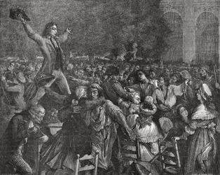 Camille Desmoulins (1760-94) spreekt in het Palais Royal, 12 juli 1789, gegraveerd door Pierre Gabriel Berthault (1737-1831)